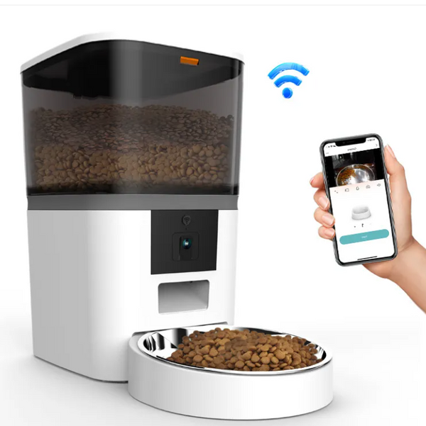 TechPet VisionFeeder in white, with a phone showing the live camera view
